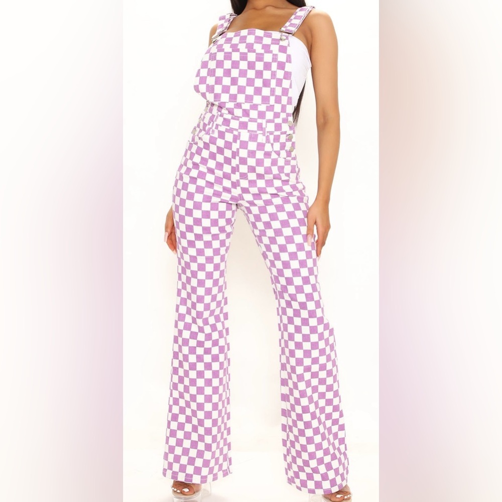 Fashion Nova Lavender & White Checkered Women's Denim Overalls
